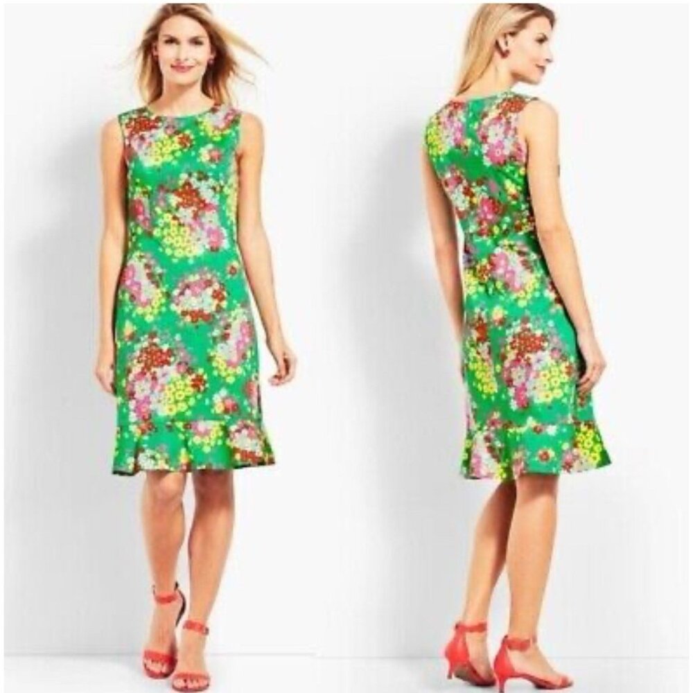 Talbots Dress 4 P 4P Green Floral Sleeveless Stretch Cotton Summer Washable